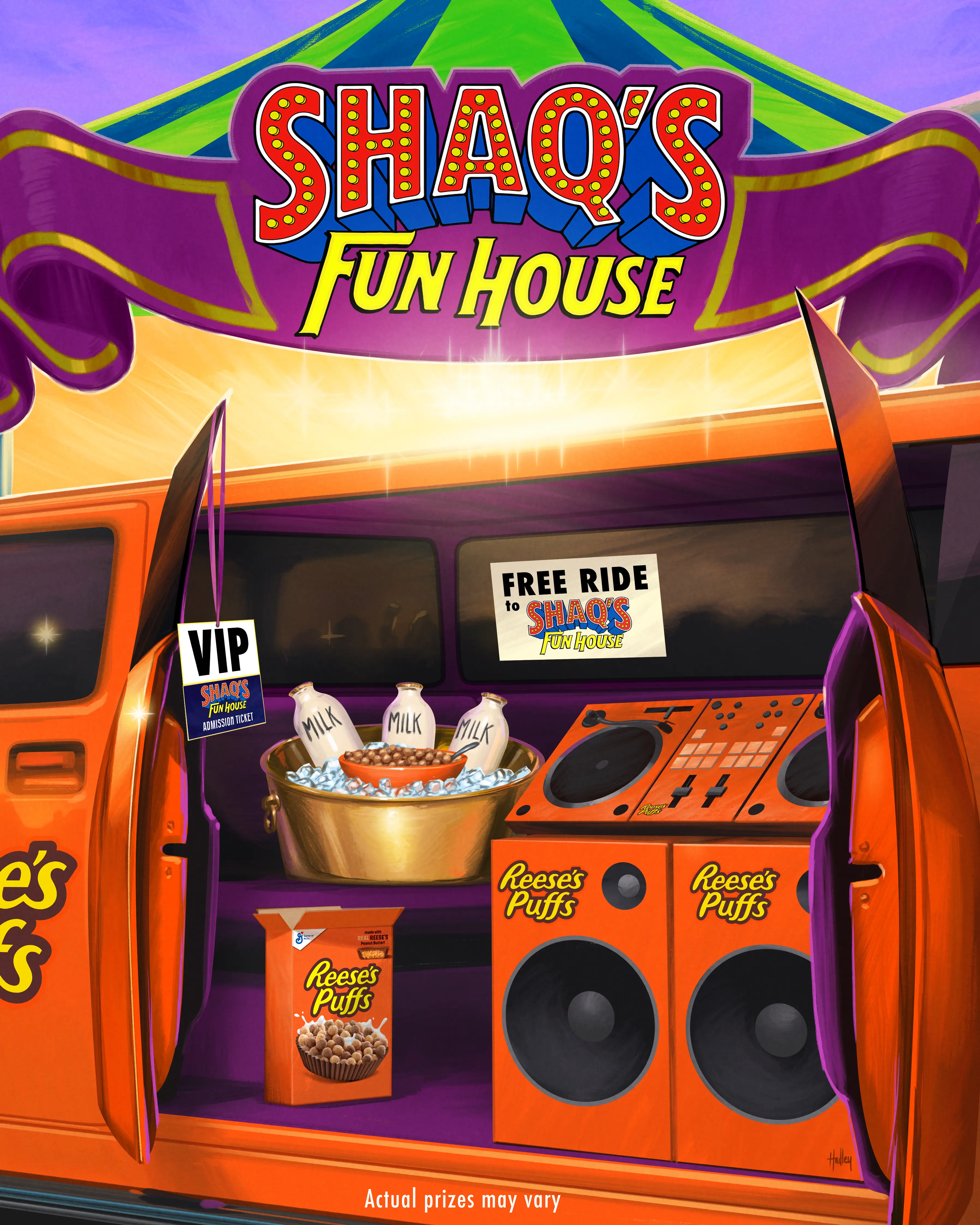 Reese’s Puffs Prize Pack, VIP experience including a custom turntable and sound system, a limo ride for two to Shaq’s Fun House and more!